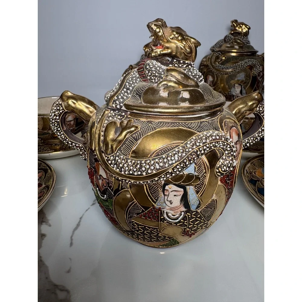 Vintage Japanese Satsuma Moriage‎ Dragon Tea Set Hand Painted Gold Gilt 11pc